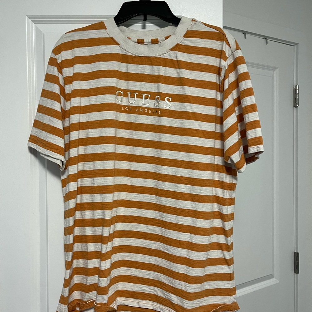 GUESS Men's Striped Orange and White Shirt